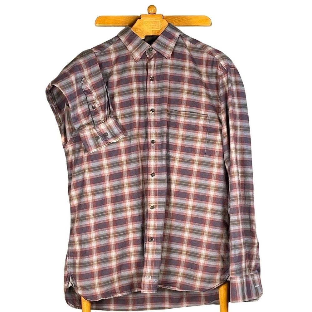 Men's Plaid Button Down Shirt Long Sleeve J&M Burgundy Casual Work‎ Sz XL